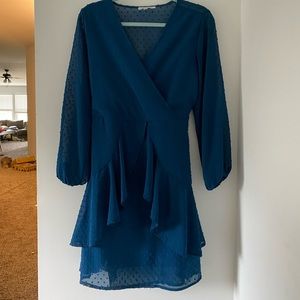 Blue long sleeve V-neck polka dot dress